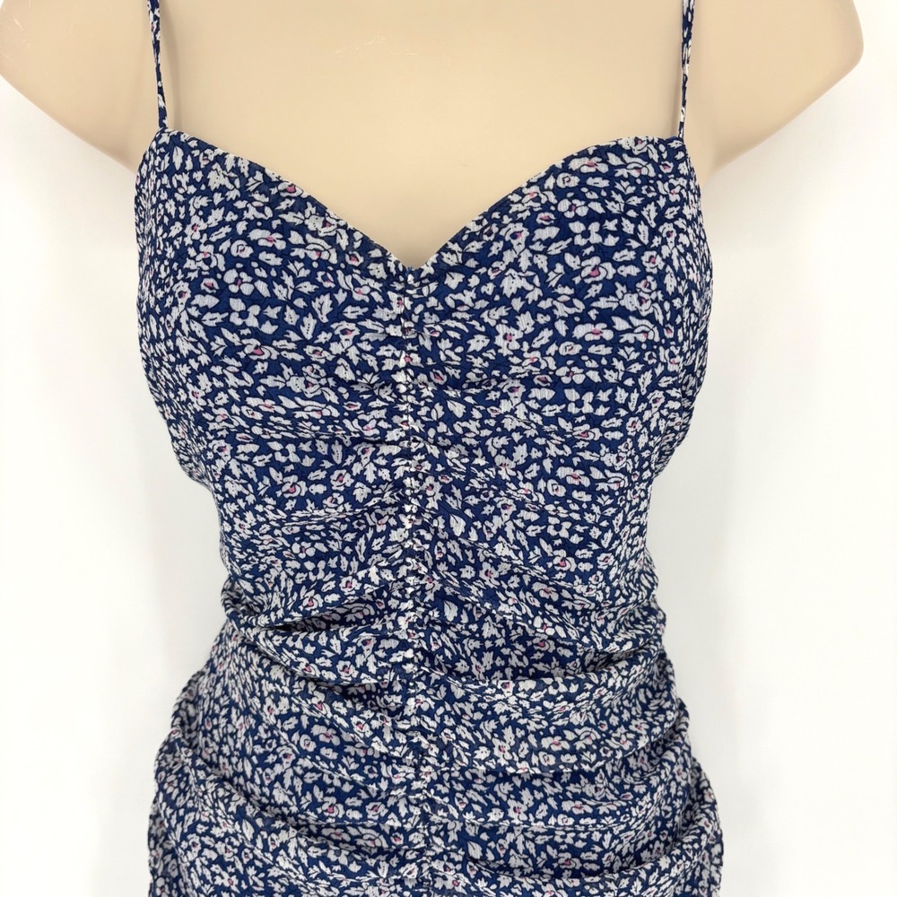 Lulus Blue White Floral Ruched Bodycon Mini Dress Sweetheart Ruffle Hem Size M
